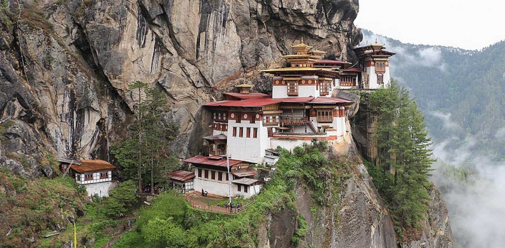 A monestary on the mountain landscape of Bhutan