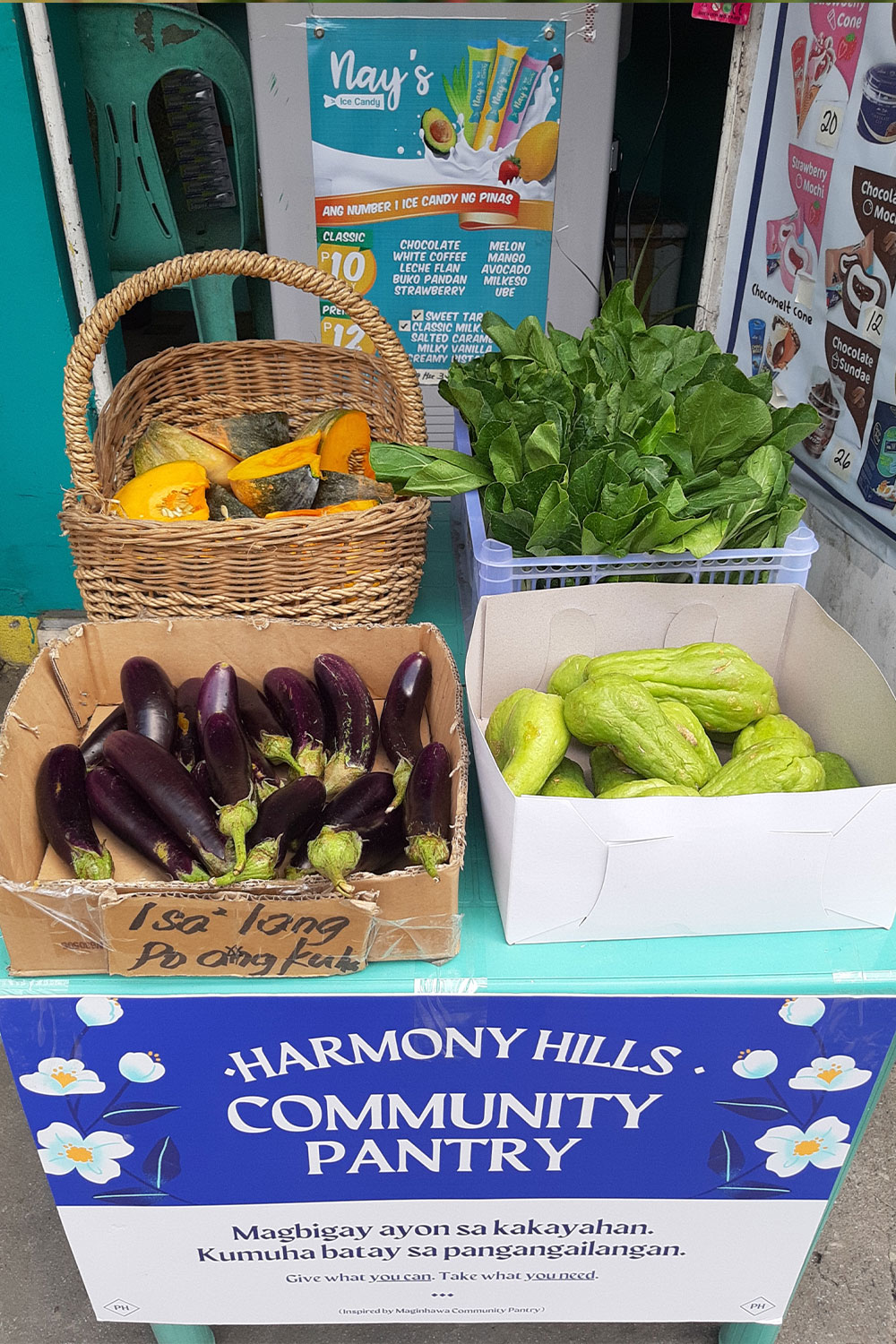 Four different carts of Harmony Hills Community Pantry contain cut pumpkins, eggplants, pak choy, chayote