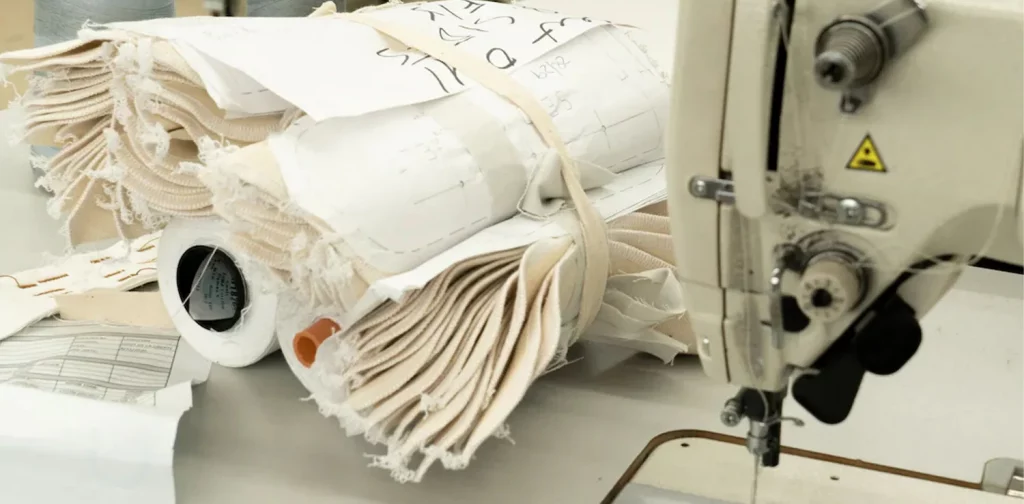 rolls of fabric and a sewing machine