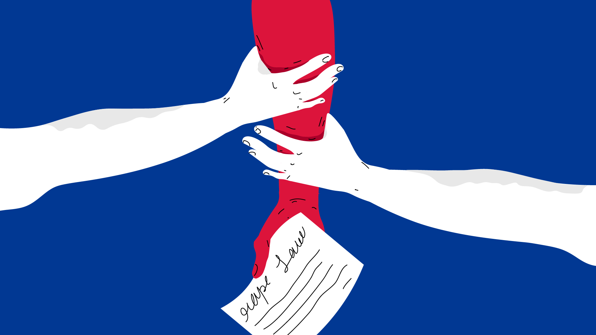 an illustration of two hands restraining a hand holding a paper saying rape law