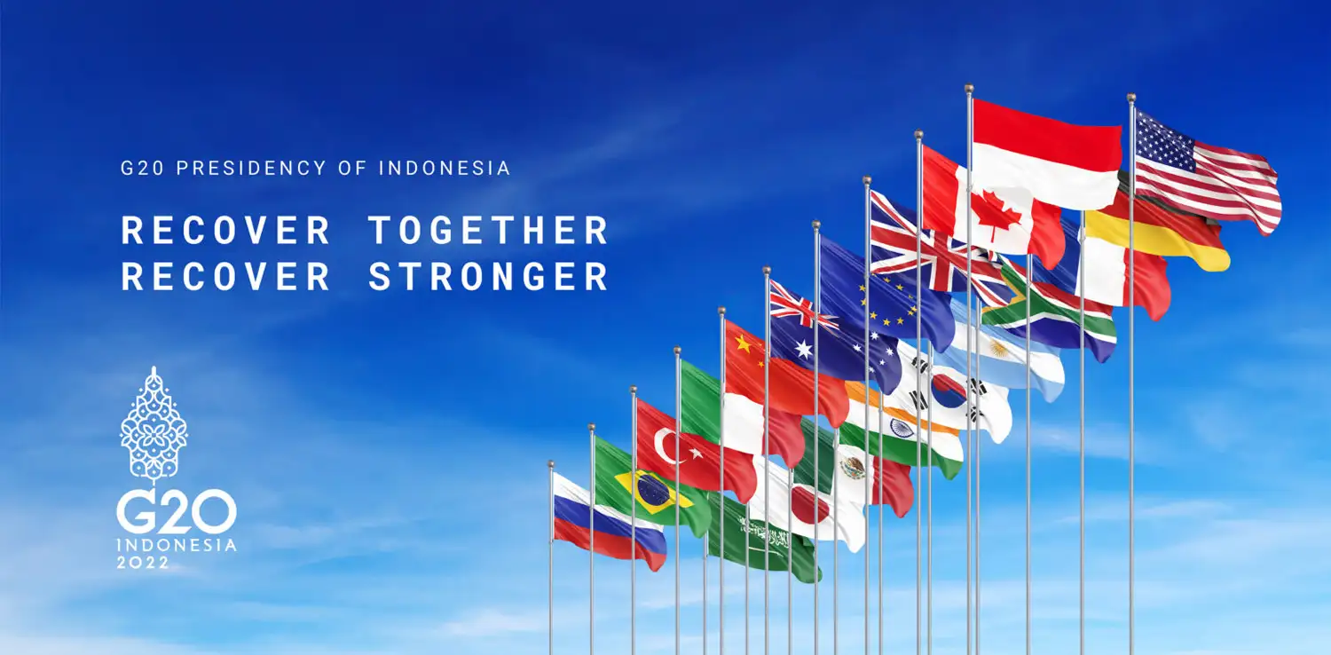  G20 presidency of Indonesia poster recover together recover stronger with flags of member countries and blue sky background