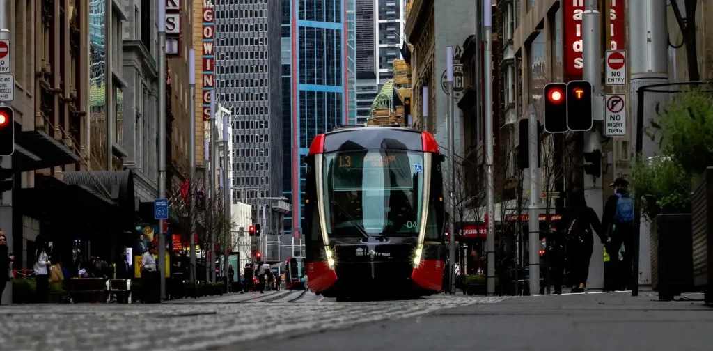 Sydney city center with buildings and public transportation