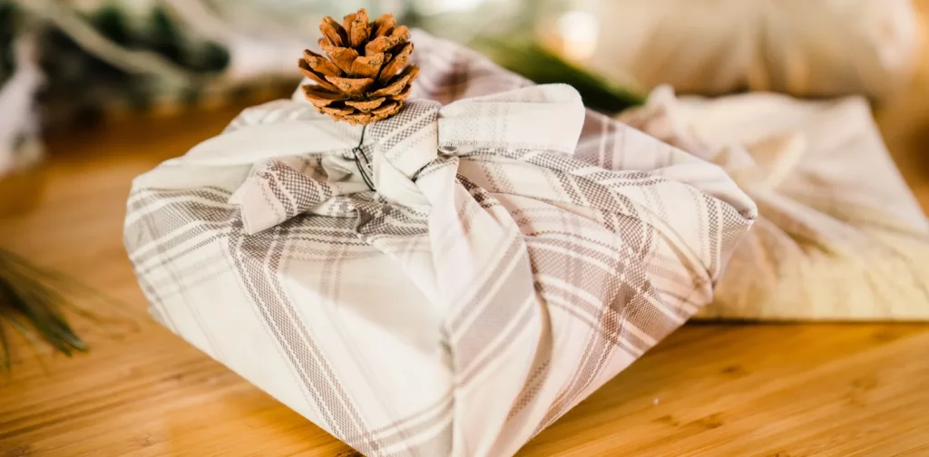 brown pinecone on white plaid fabric wrapped present