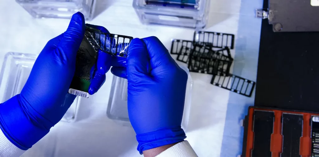 hands covered in blue gloves working with tools in the lab