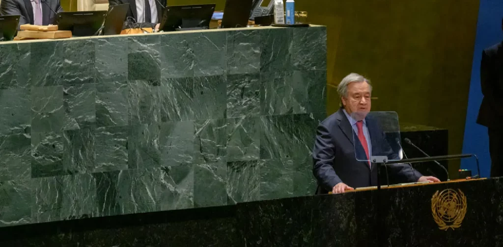 the UN Secretary-General António Guterres in the middle of briefing at the UN headquarter