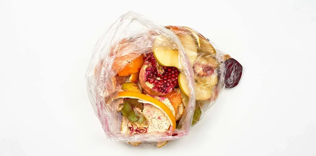 overhead view of fruit peels and other food scraps in a plastic bag