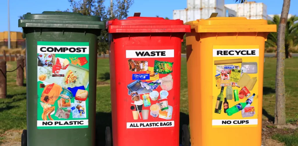 three waste collection bins for compost, waste, and recycle