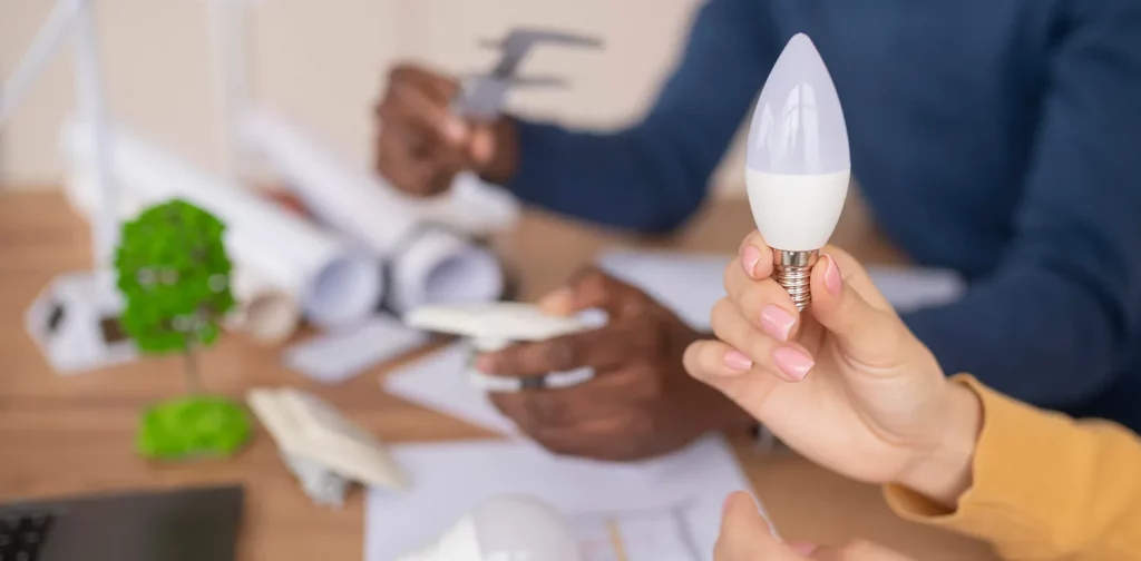 a close up of a person holding a lightbulb