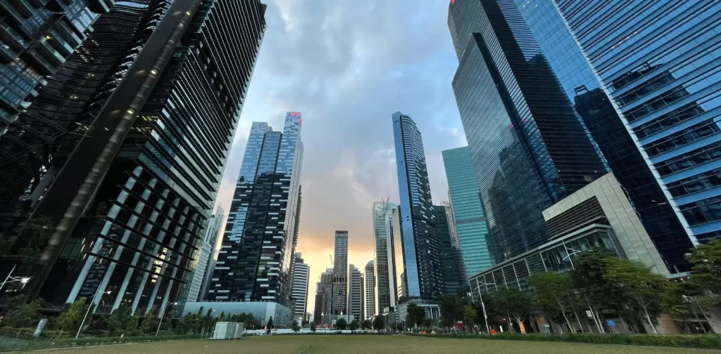 a low angle view of tall buildings