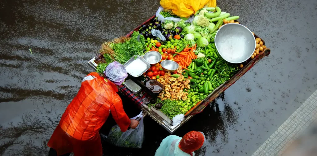 two people in raincoats pushing a cart full of produce through the flood