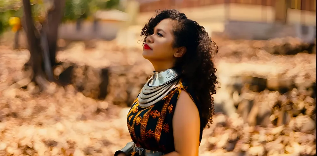 A woman, Hanna Keraf, looking to the side up with fallen leaves in the background