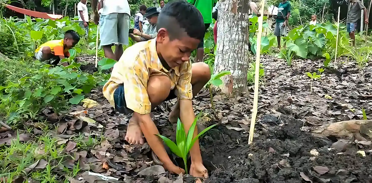 a boy is planting seeds on the ground