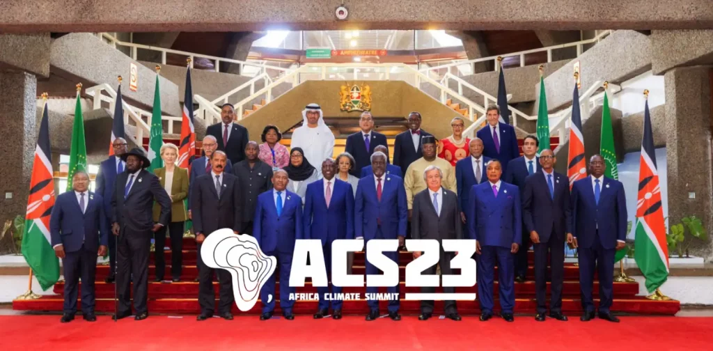 African world leaders standing in front of flags on red carpet at the Africa climate summit 2023