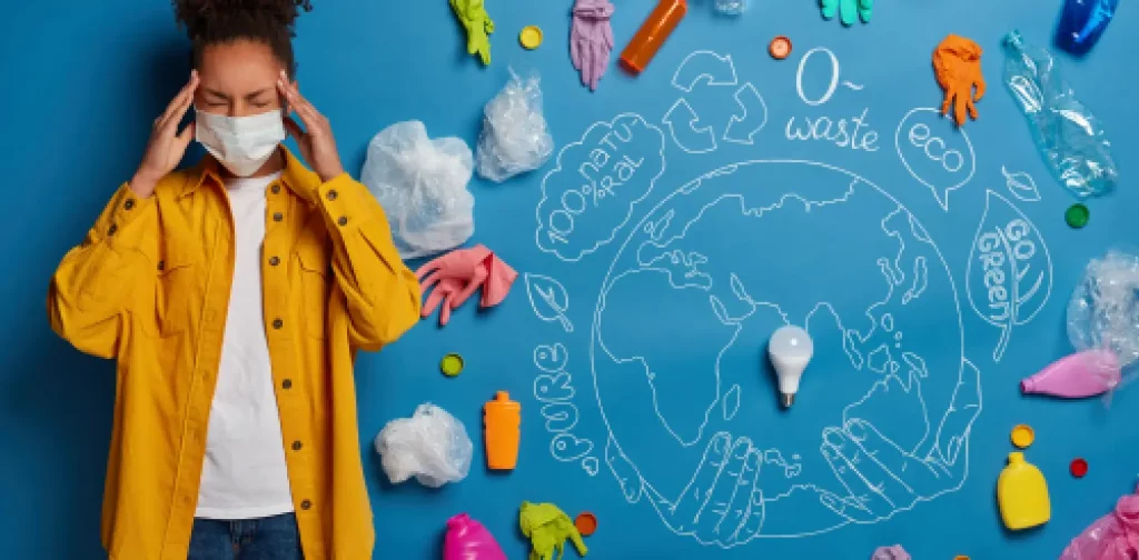 a young woman looking anxious next to an illustration of climate change and plastic pollution