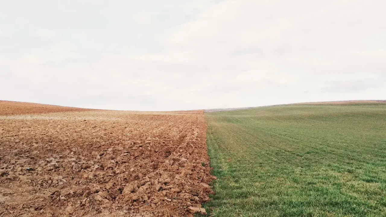 a photo of a wide land, half brown soil and half green grass
