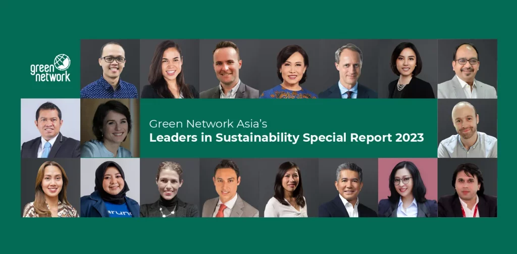 the banner for Green Network Asia's Leaders in Sustainability Special Report 2023 containing photos of 16 Sustainability leaders