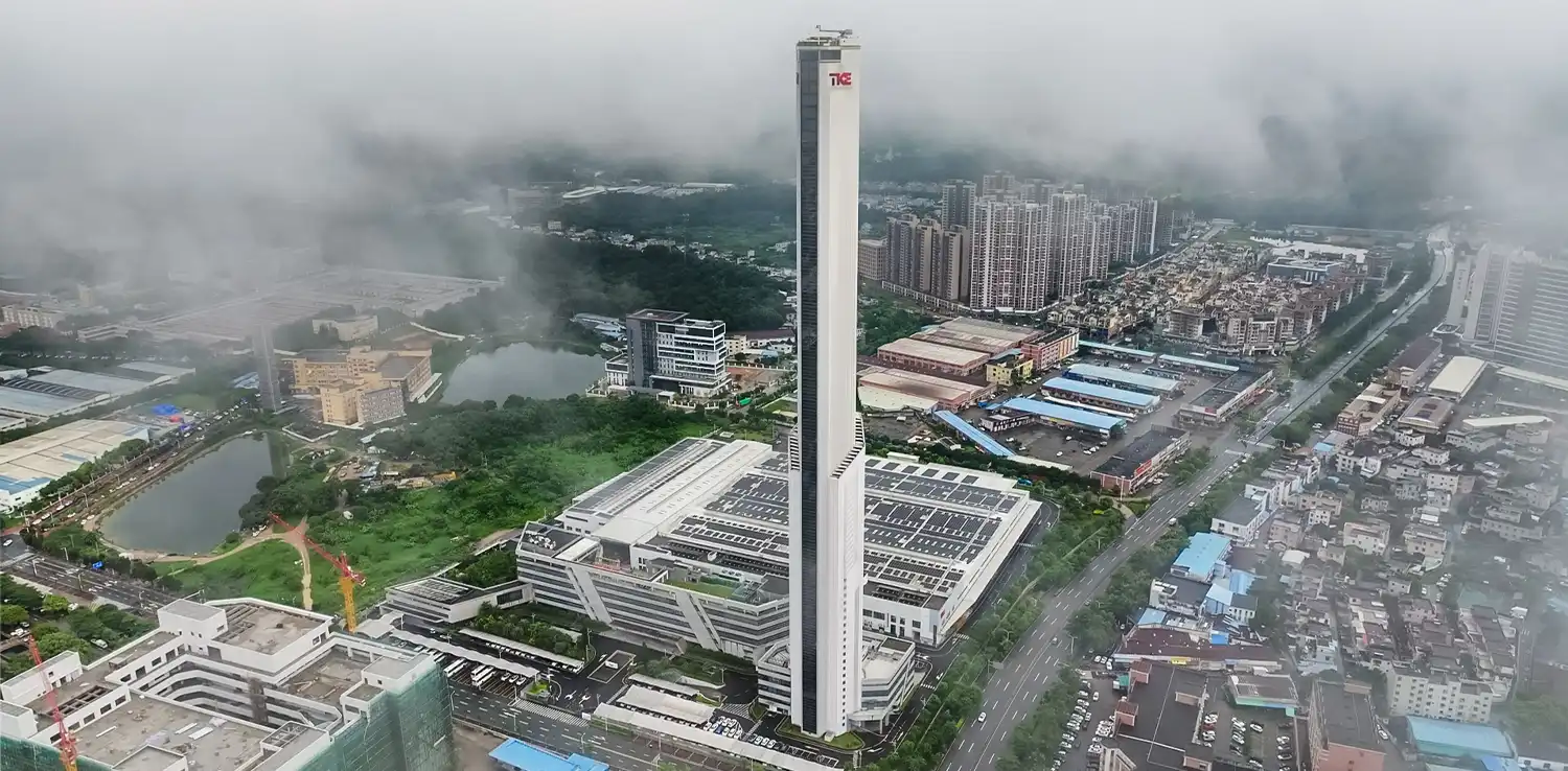 Elevator plant and test tower equipped with solar panels at Zhongshan, China. | Photo: TK Elevator
