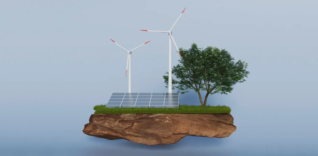 a 3d illustration of windmills, solar panels, and a tree standing side by side