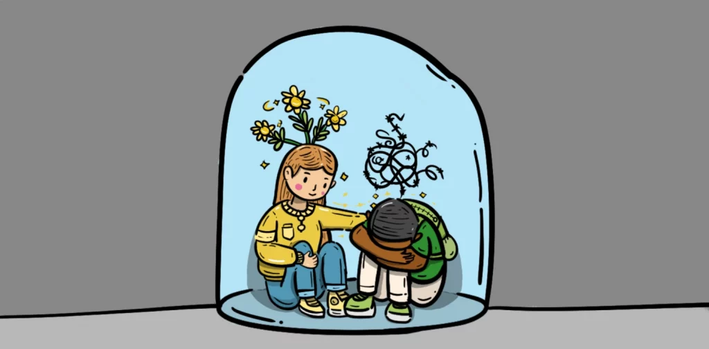 an illustration of a girl comforting a sad boy