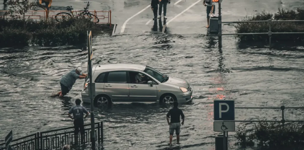people pushing a car on a flooded road