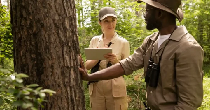 man and woman collecting data at the forest