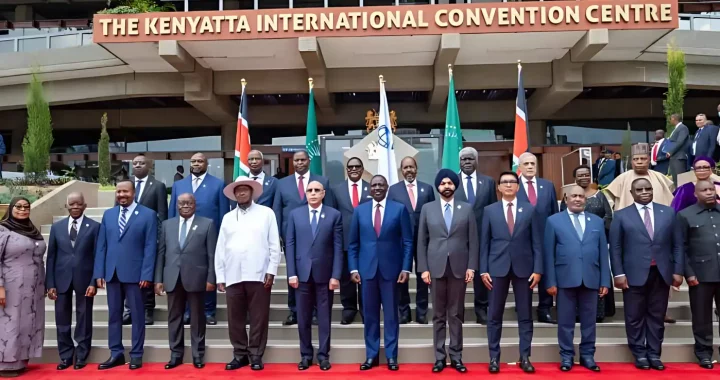 African heads of state standing in front of the Kenyatta International Convention Centre