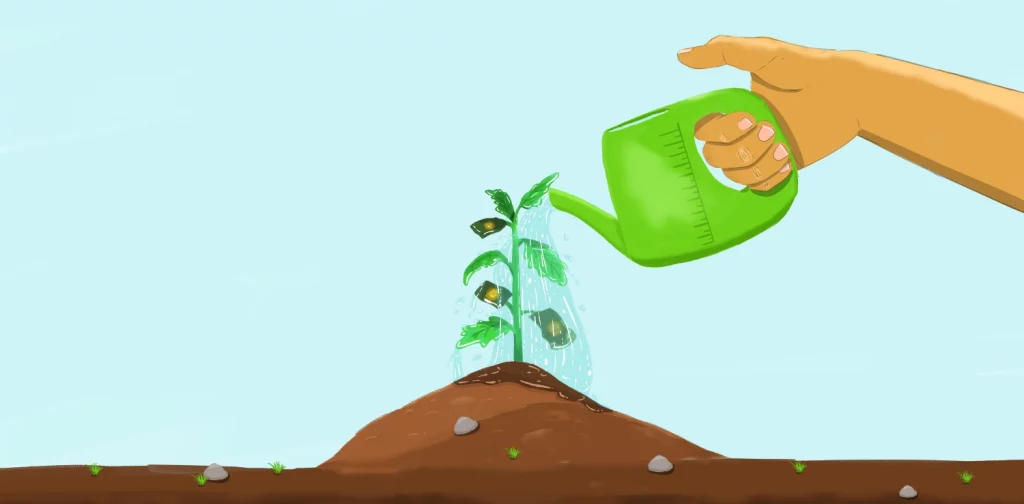 illustration by irhan of watering a plant of leaves and money