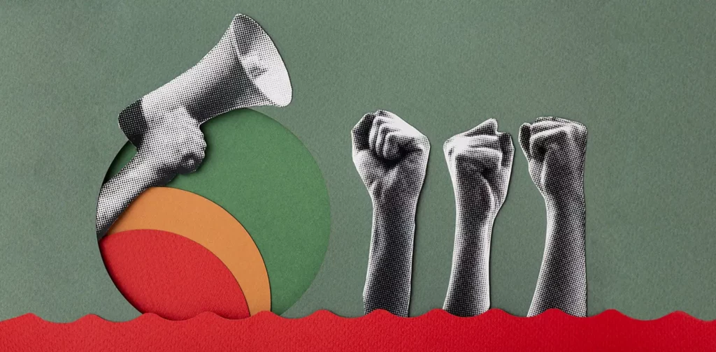 a graphic design of a hand holding a megaphone and three other hands raising fists