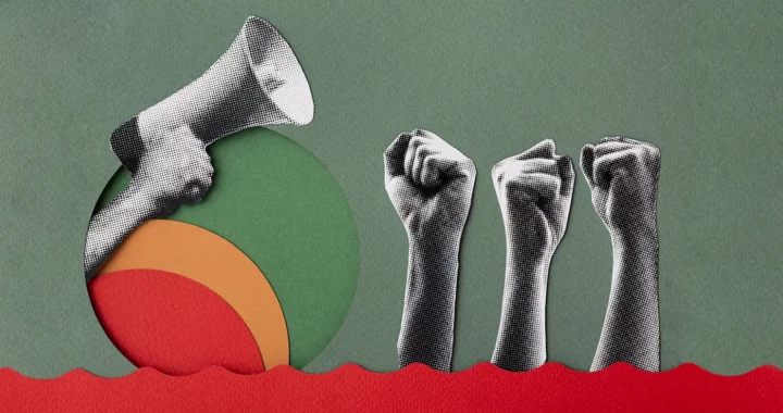 a graphic design of a hand holding a megaphone and three other hands raising fists