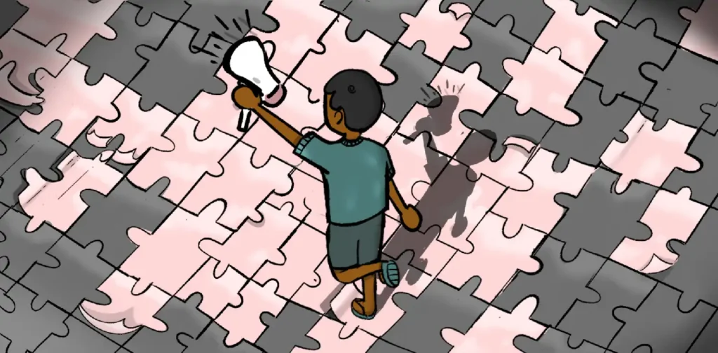 an illustration of a child walking while holding a megaphone on puzzle tiles