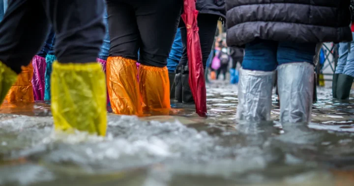 people’s legs submerged in water during a flood