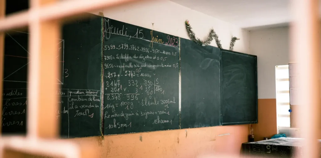 a black board in a classroom full of writing