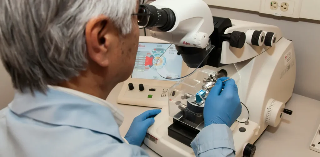 a male scientist using a microtome