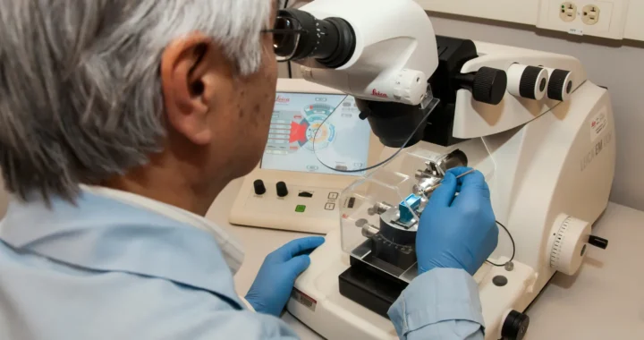 a male scientist using a microtome