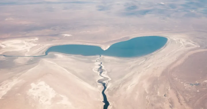 an aerial photo of Aral Sea, a quite large body of water in the middle of a dessert, connecting to a long river