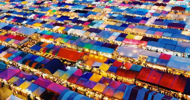 an aerial photo of street market vendors in Thailand market