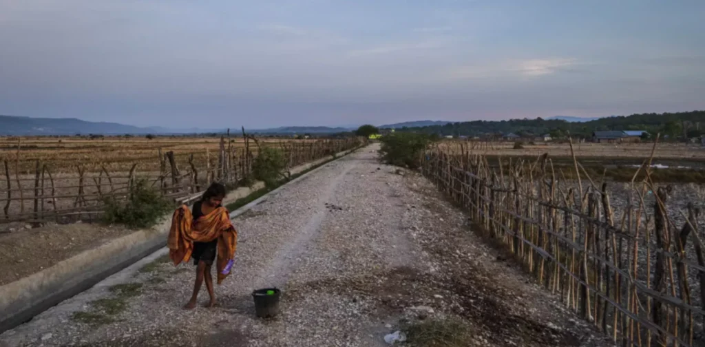 a girl holding a scarf is walking on a deserted road