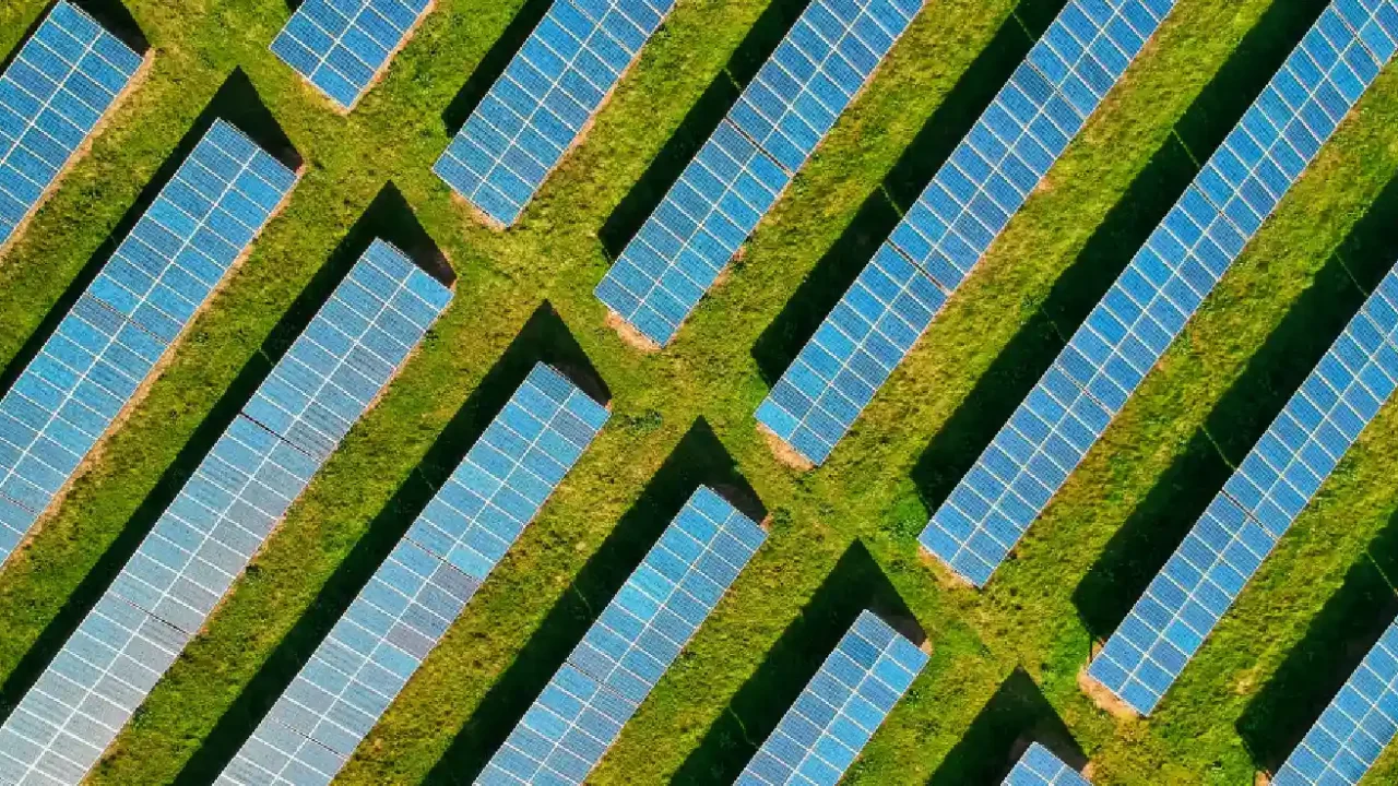 view of a solar farm on green grassy land