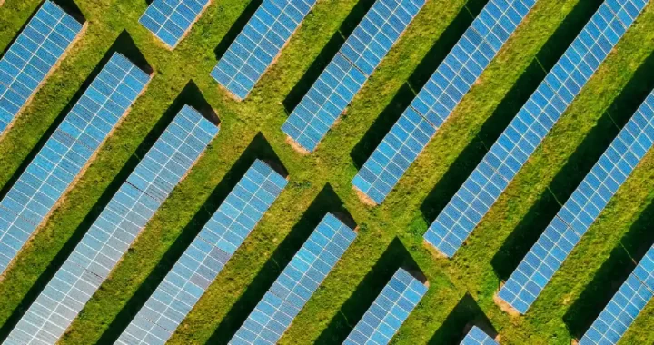 view of a solar farm on green grassy land