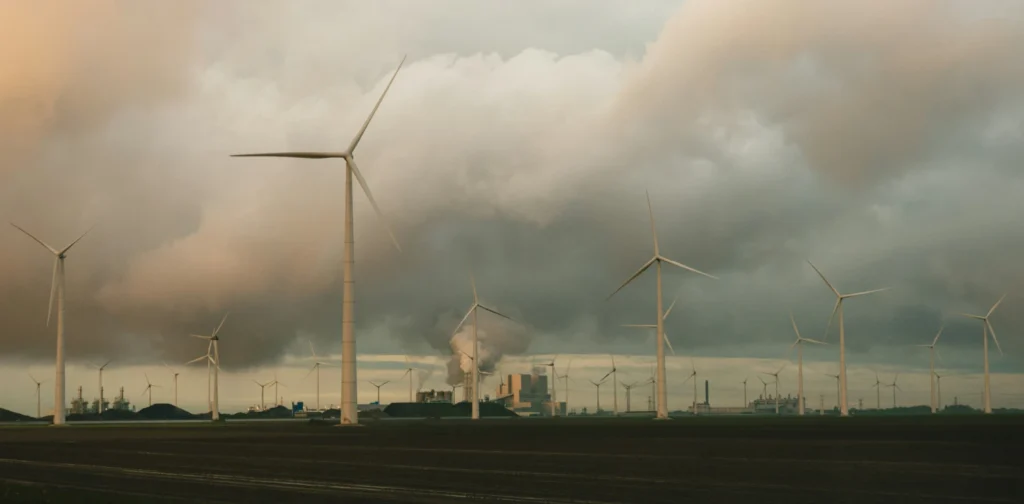 several windmills standing side by side against a cloudy sky