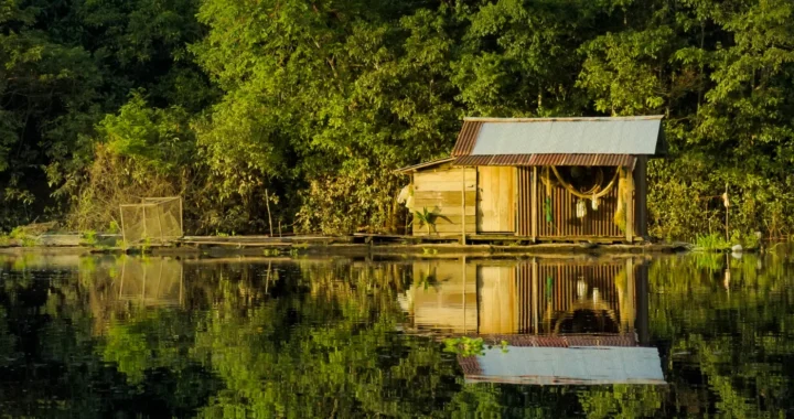 a floating hut on a lake