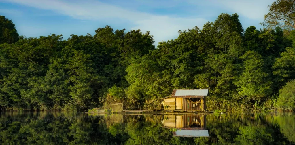 a floating hut on a lake