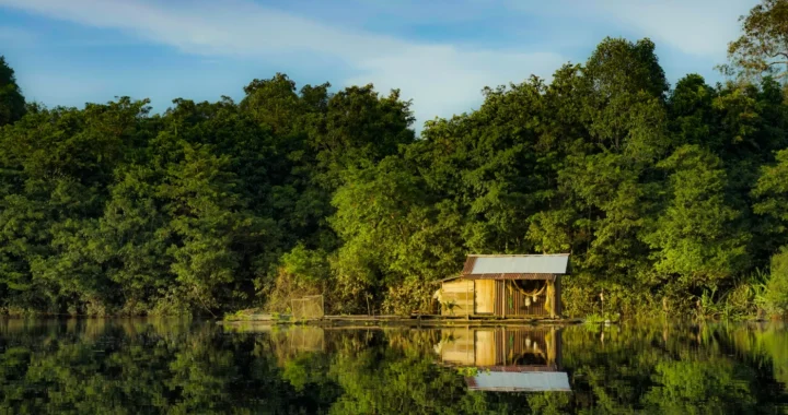 a floating hut on a lake