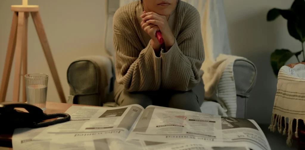 a woman looking away with papers in front of her