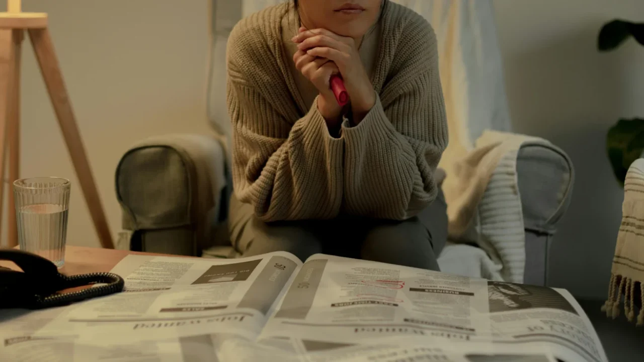 a woman looking away with papers in front of her