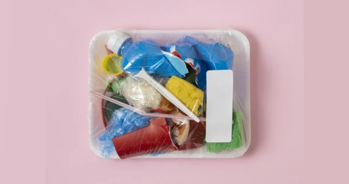 a styrofoam tray full of plastics