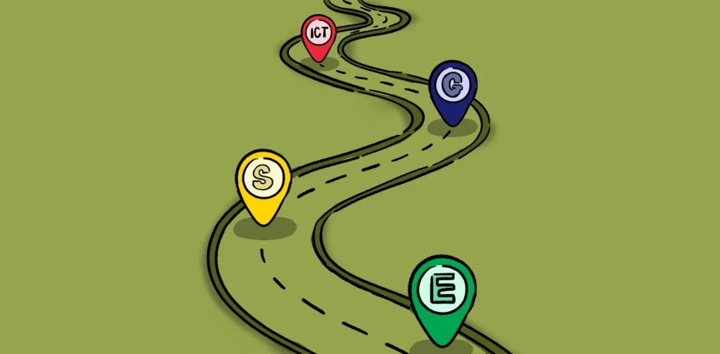 road with pin point with e,s,g,ict word