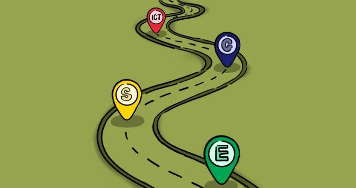road with pin point with e,s,g,ict word