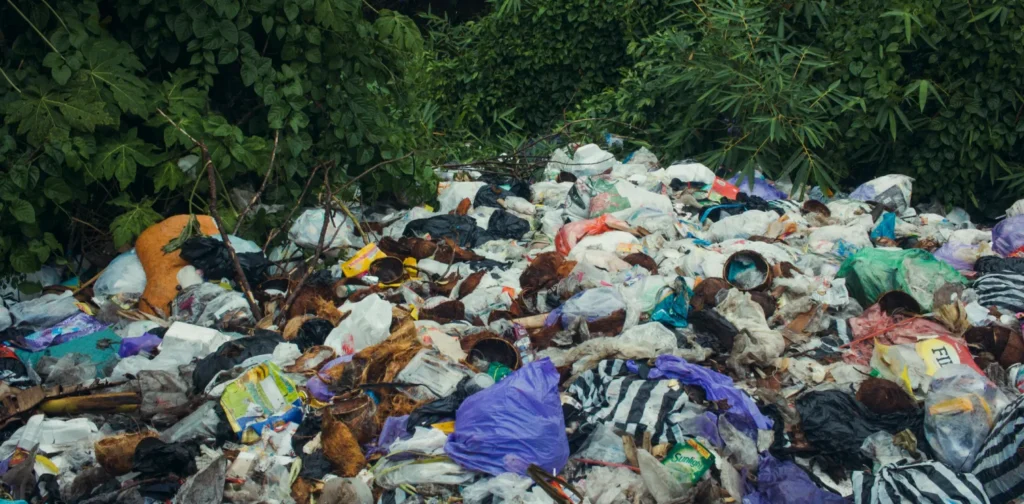 pile of plastic waste near shrubs and trees