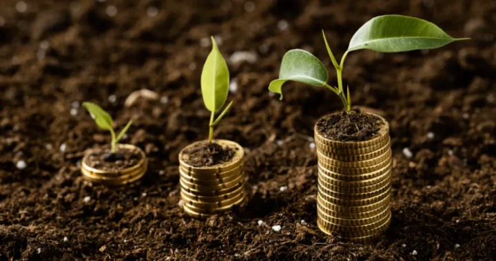 High angle of coins stacked on dirt with plants